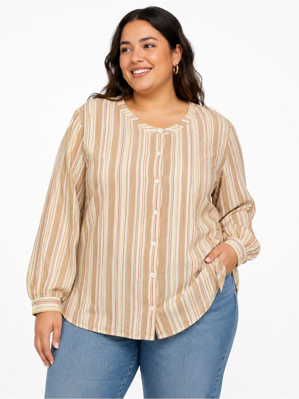 Cynthia Rowley Striped Button-Down Blouse in Beige, Cream & Pink - 0497